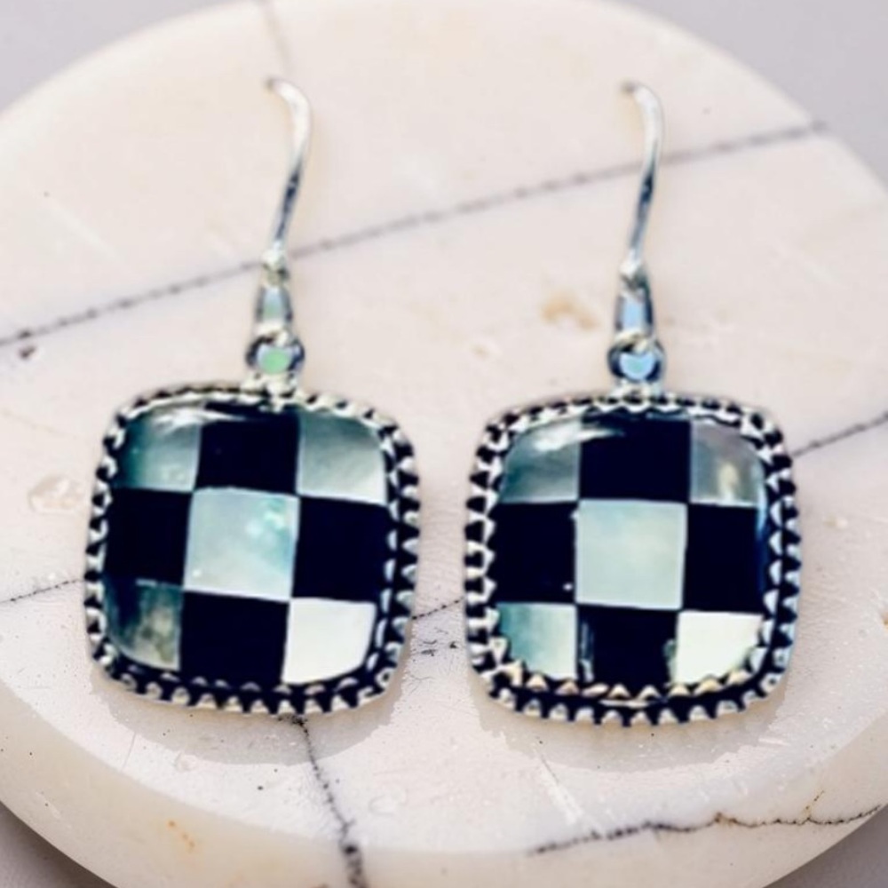 Sterling Silver Earrings Checkerboard Mother-of-Pearl Drop Earrings NWOT